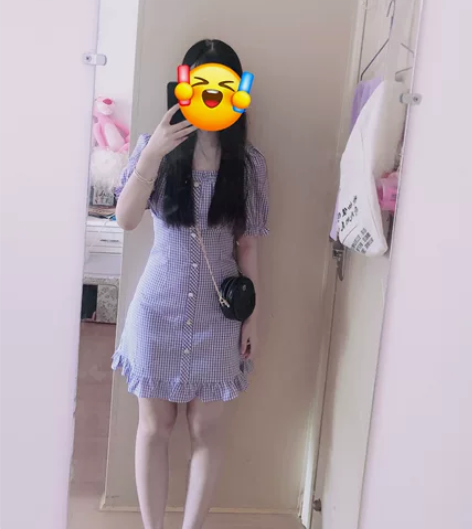 爱依服甜美连衣裙女紫白格夏装法式格子荷叶边...