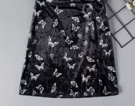 ?欧美半身裙丝绒蝴蝶黑色包臀裙chic短裙...