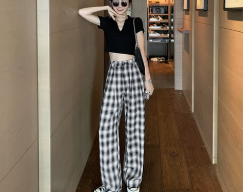 MULVAN复古黑白格子休闲裤女2021春...