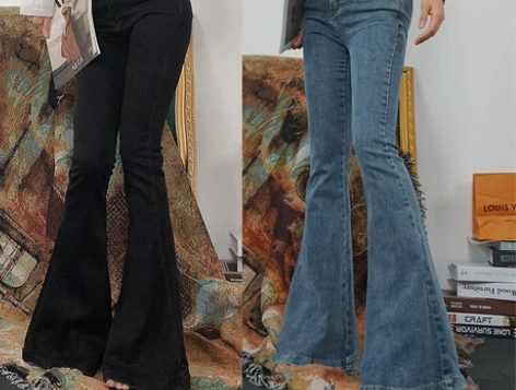 春夏薄款高腰排扣大喇叭牛仔裤女复古港风显瘦...