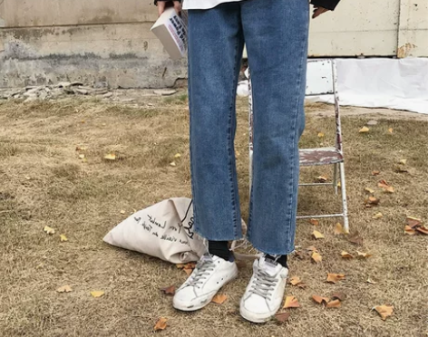 蓝色直筒九分牛仔裤女秋冬加绒新款显瘦宽松大...