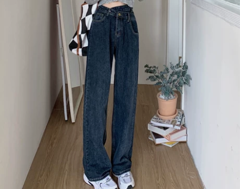 不规则交叉腰牛仔裤女春装韩版2022新款高...