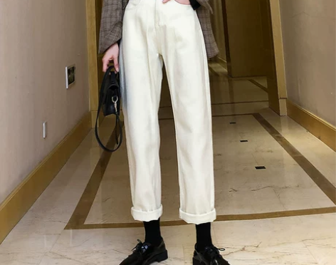 米白色直筒牛仔裤女2021秋冬加绒高腰宽松...