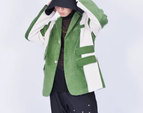 叁壹 设计感绿色拼接ins痞帅灯芯绒西服男...