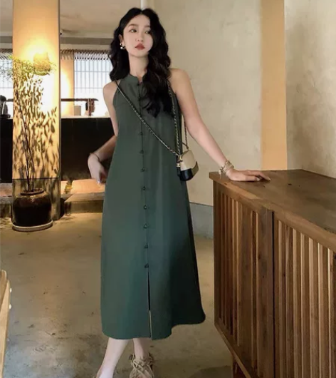 新中式国风裙子法式收腰挂脖吊带连衣裙质感高...