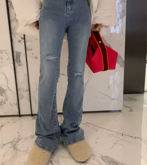 vcruan阿希哥肯辛顿街头破洞抓绒牛仔裤...