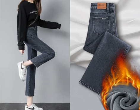 【暖心价】直筒加绒牛仔裤女2022年新款高...