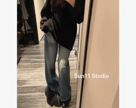 SUN11 水洗蓝色低腰牛仔裤女2022秋...