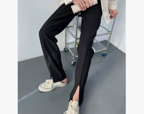 ?小个子开叉西装裤女春秋高腰垂感宽松显瘦拖...