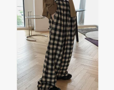 复古格子毛呢裤子女高腰宽松坠感休闲长裤羊毛...