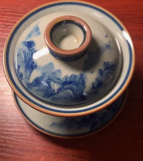 墨舍柴窑山水盖碗，老陶泥开片，满工带内绘，...