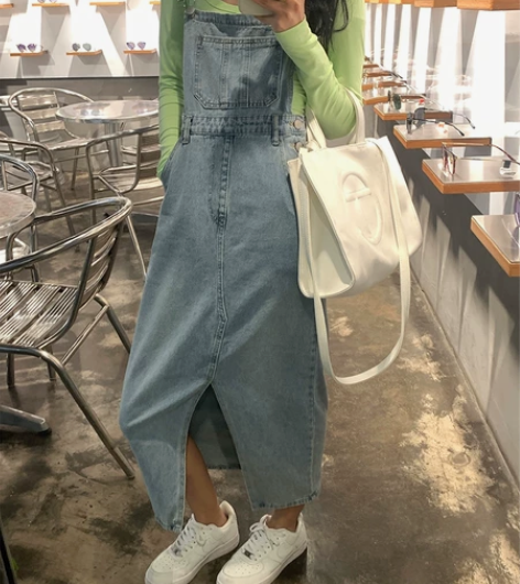 A7seven夏秋季纯棉牛仔背带裙女中长款...