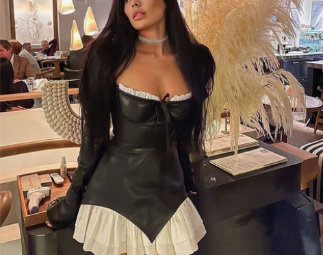 欧美ins低胸系带荷叶边裙女装 黑色U字领...