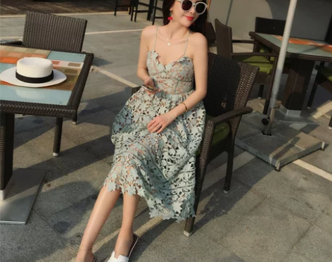 2016夏季新款女装蕾丝吊带连衣裙中长款镂...