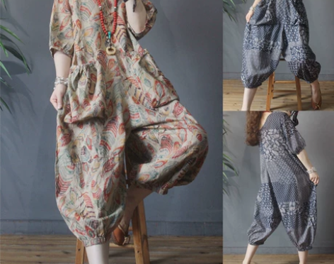 气质亚麻印花连体裤女夏季新款V领显瘦宽松大...