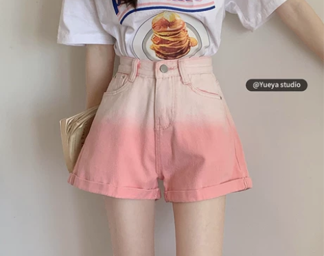 月牙城渐变粉色牛仔短裤女夏季新款韩版宽松A...