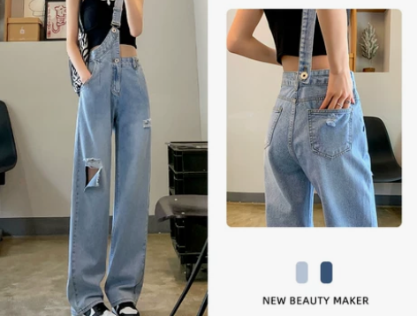 破洞背带牛仔裤女夏季薄款2022年新款高腰...