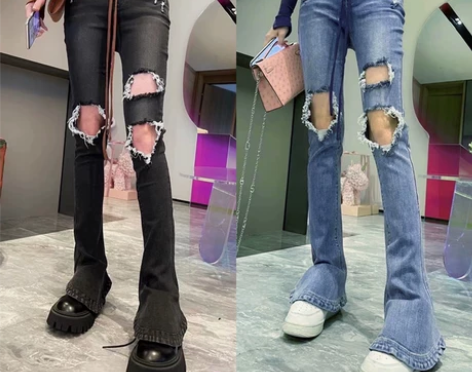 2022春秋季新款高腰长腿辣妹显高显瘦破洞...