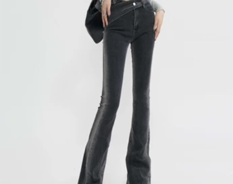 辣目子黑  微喇牛仔裤女秋冬加绒阴影裤子高...