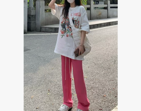 粉色高腰直筒休闲裤女夏季薄款大码胖mm宽松...