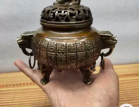 古玩铜器收藏，纯铜狮子耳百寿薰香炉，家居供...