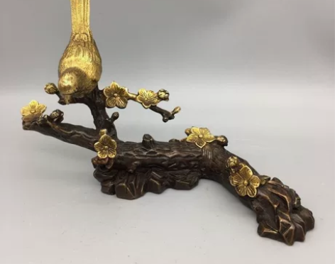 古玩铜器收藏，鎏金一枝梅喜上梅梢摆件，工艺...