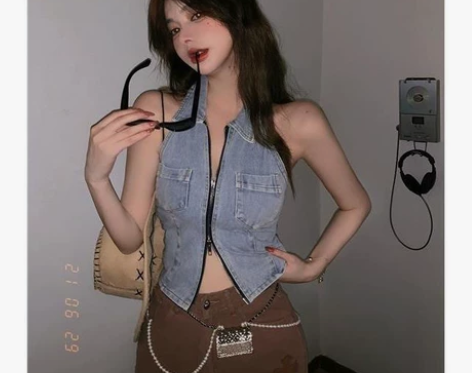 打底拉链牛仔挂脖吊带背心女士夏季外穿翻领露...