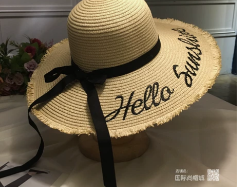 海边大檐帽女夏天旅游度假沙滩帽字母蝴蝶结毛...