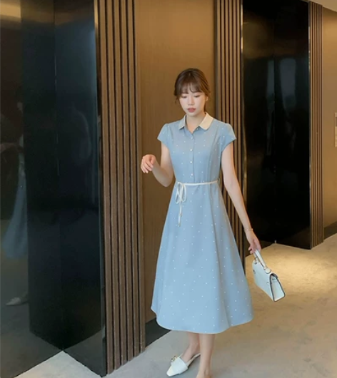 可交换新款韩版时尚简约小个子波点连衣裙中长...