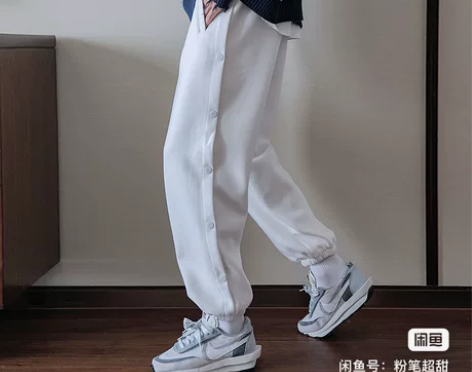 西西里男装白色排扣裤男裤子休闲裤宽松春季卫...