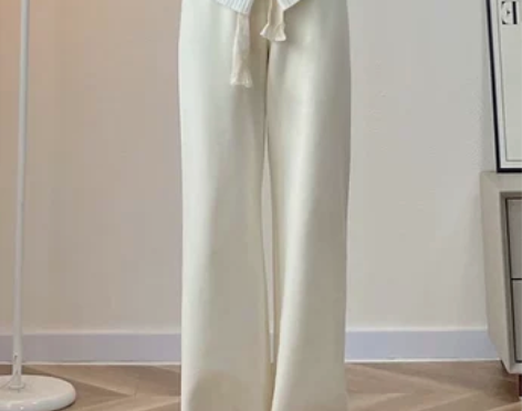 一周无休米白色拖地阔腿裤女遛弯裤直筒宽松显...