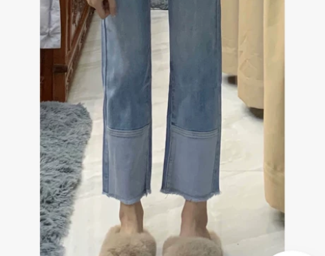 大码拼接毛边牛仔裤女胖mm夏季新款设计感显...