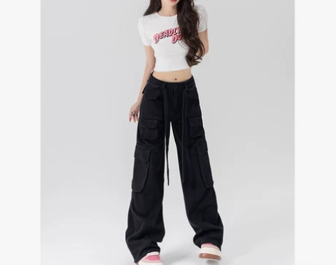 美式复古hiphop嘻哈工装裤女 设计感阔...