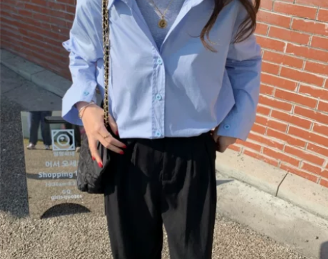 蓝色衬衫女春秋2021年新款韩版宽松百搭长...