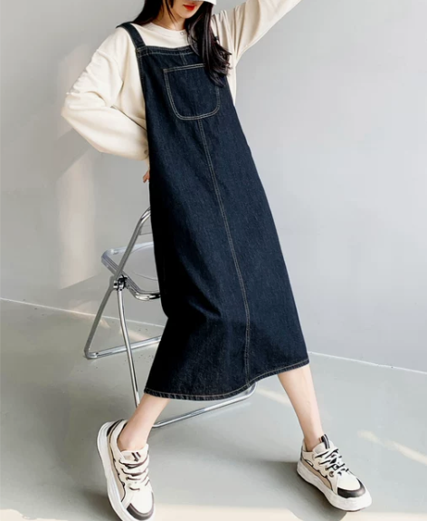 背带连衣裙早初秋减龄气质背带学院风长款牛仔...