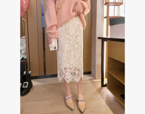 白色高腰小个子修身包臀裙重工蕾丝半身裙女秋...