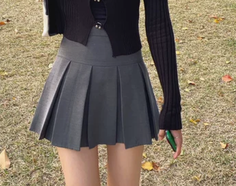 花田橱窗 高腰灰色百褶裙女秋冬显瘦高腰美式...