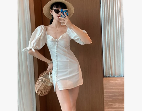 Haze禾枝泡泡袖连衣裙女夏季裙子甜辣风 ...