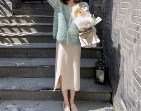 时尚港风复古chic针织毛衣裙子两件套装秋...