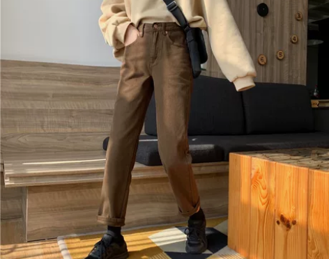 胖mm洋气百搭高腰咖色牛仔裤女春秋大码遮胯...