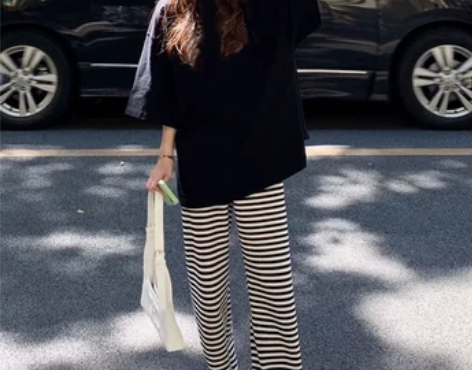 美式复古黑白条纹休闲裤女夏季高腰宽松百搭阔...