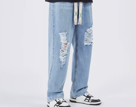 破洞牛仔裤男士宽松直筒牛仔裤潮