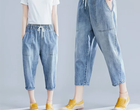 大码女装夏季薄款女裤显瘦百搭高腰系带牛仔裤...