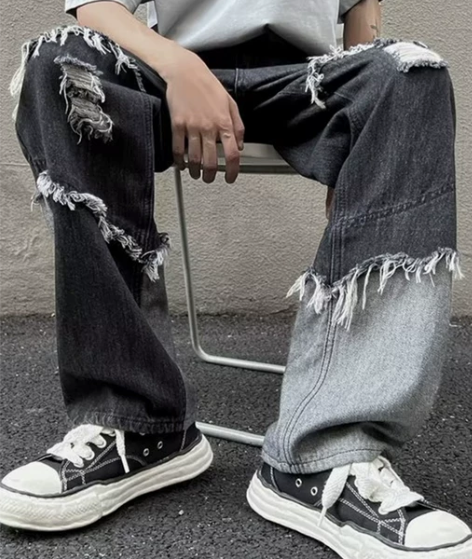破洞牛仔裤 水洗破洞牛仔裤黑色男夏季薄款直...
