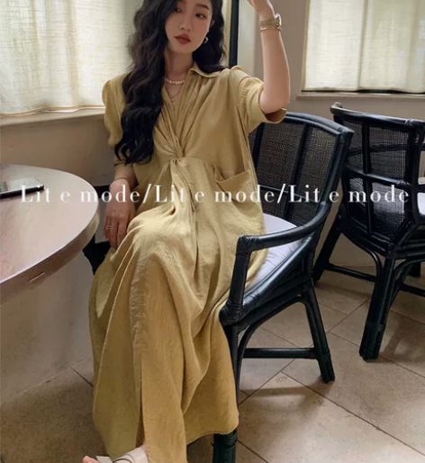 任小艺法式衬衫裙短袖连衣裙女设计感小众夏长...