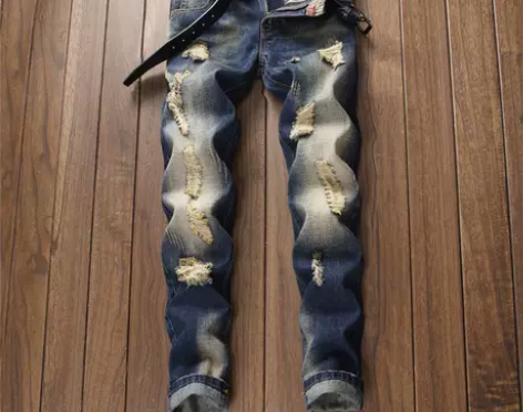 2018秋季新款多破洞牛仔裤男做旧复古黄破...