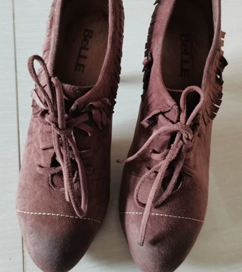 包邮 8成新百丽羊皮翻毛皮单鞋 生完孩子后...