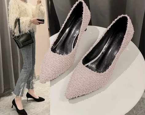 法式少女粉色高跟鞋春夏新款网红毛毛鞋细跟女...