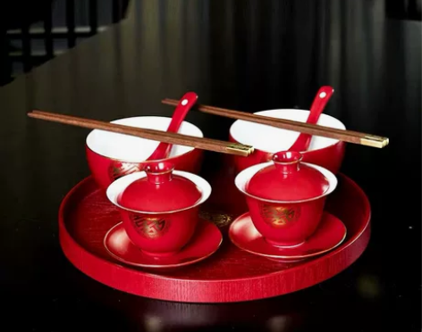 结婚 喜碗喜茶杯套装 含托盘 婚礼当天仅拍...