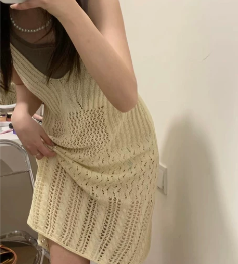 镂空针织吊带连衣裙夏季女设计感气质裙子  ...